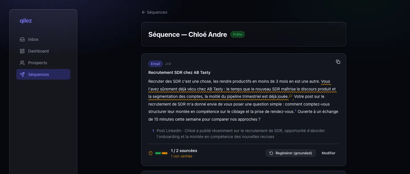 Un email généré par Qilez : citations sourcées en note, phrases non vérifiées signalées, compteur de vérification