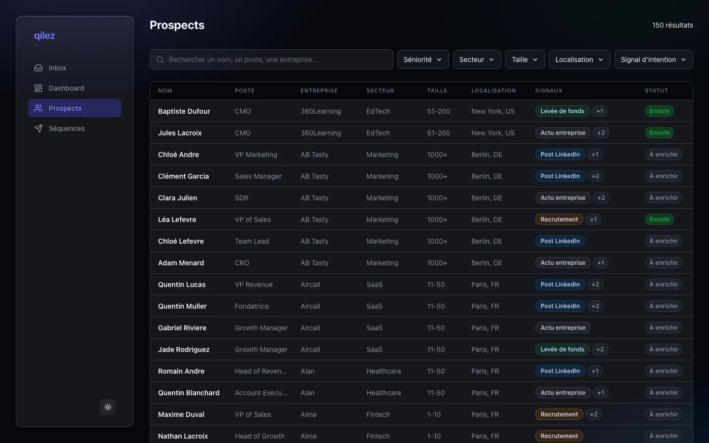 La base de prospects Project A : recherche, filtres, signaux d'intention et statuts d'enrichissement
